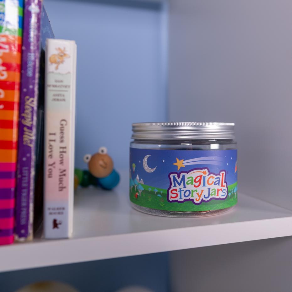 Adventure themed Magical Story Jar on a bookshelf